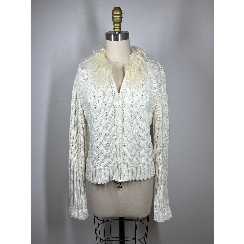 Vintage Y2K Wool Blend Cable Knit Zip Up Cardigan Sweater XL Fur Collar Italy